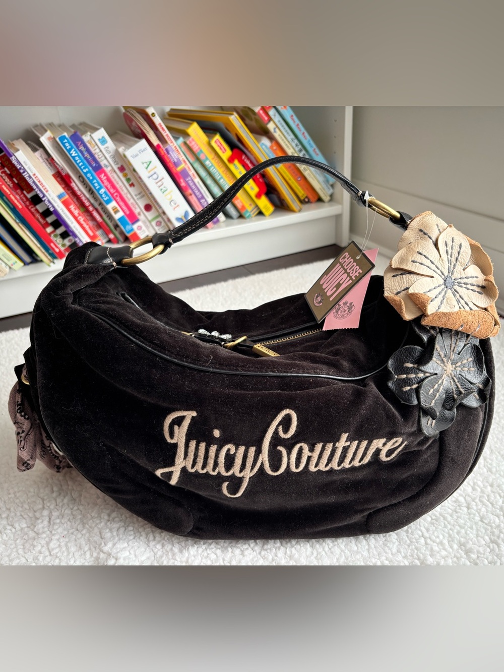 Juicy Couture NWT Vintage Y2K  Black Velour Large Hobo Bag Flower Appliqué Ribbo